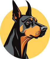 A powerful and striking illustration of a doberman pinscher's head, rendered in bold black, brown, and yellow vector