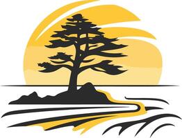 A minimalist logo design featuring a lone tree on a rocky island at sunset, symbolizing resilience, growth, and peace vector