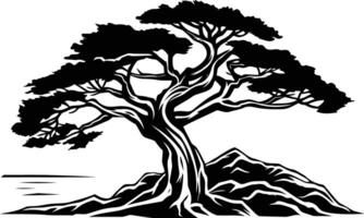 Silhouette of a majestic tree with gnarled branches reaching towards the sky, standing proudly on a rocky cliff overlooking the sea vector