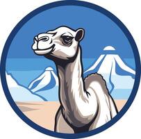 A friendly camel with a smiling face stands in the desert, against a background of snow-capped mountains, ideal for logo designs, travel and adventure brands vector