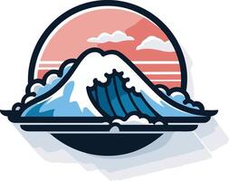 A stylish and modern logo featuring a stylized mount fuji rising from a wave, set against a sunset background vector