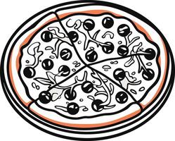 A simple and stylish black and white illustration of a pizza with black olives, perfect for menus, branding, and social media vector