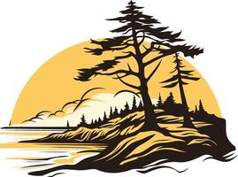 Silhouette of a lone tree on a cliff overlooking a sunset, perfect for nature-themed designs, logos, and branding vector