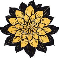 A stylized, graphic representation of a sunflower in black and gold vector