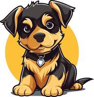 Adorable cartoon puppy with black fur and brown patches, wearing a collar with a heart shaped tag, looking directly at the viewer with a friendly smile vector