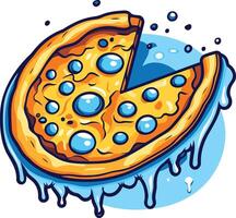 A fun and quirky illustration of a melting pizza slice with dripping cheese vector
