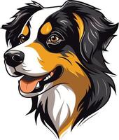 A friendly, cartoon style illustration of an australian shepherd's head, showcasing its distinctive markings and happy expression vector