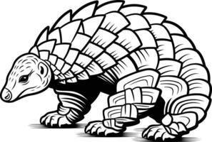 Black and white illustration of a pangolin, a unique and endangered animal with scales vector