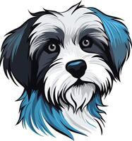 A charming, cartoon-style portrait of a small, fluffy dog with black and white fur and a blue patch on one side vector