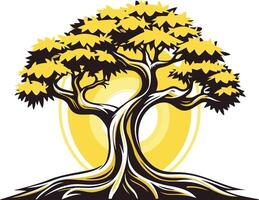 A stylized silhouette of a majestic bonsai tree with a sunburst behind it, symbolizing growth, resilience, and strength vector