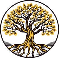 A stylized, circular design featuring a strong, rooted tree with intricate branches and leaves vector