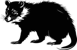 A striking black and white silhouette of a raccoon, captured in a dynamic pose vector