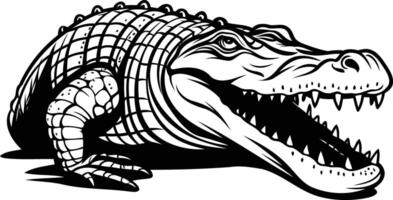Black and white illustration of a menacing alligator with an open mouth, showcasing its sharp teeth vector