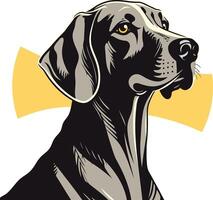 A striking portrait of a weimaraner dog, rendered in a classic black and white style with a yellow background vector