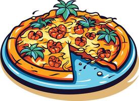 A delicious-looking pizza with shrimp and pineapple, a slice missing, perfect for showcasing your restaurant's menu or promoting a food blog vector