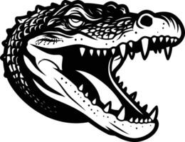 A fierce, black and white illustration of an alligator's head, roaring with its mouth wide open, showcasing sharp teeth vector