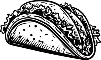 A classic black and white illustration of a folded taco, perfect for menus, branding, or social media vector