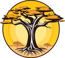 A stylized silhouette of a majestic acacia tree in a circular frame with a sunset backdrop vector