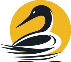 A stylized silhouette of a duck swimming on a yellow circle, representing nature, peace, and tranquility vector