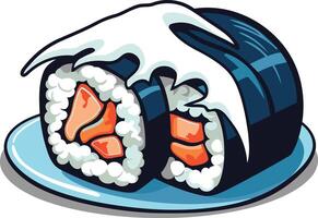 fun and cartoonish illustration of a plate of sushi rolls with a splash of creamy sauce, perfect for menu designs, social media, or any project with a playful japanese theme vector