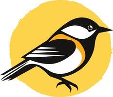 A stylized black and white bird with a yellow accent, perched on a sun like circle vector