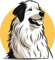 A friendly great pyrenees dog, with a warm yellow sun behind it, making it perfect for pet businesses, dog products, and animal lover branding vector