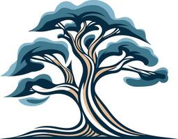 Stylized illustration of a twisted, ancient tree with blue foliage, perfect for nature themed designs and logos vector