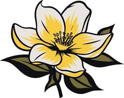 A delicate, hand-drawn illustration of a single white and yellow blossom with green leaves vector