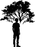 A striking silhouette of a man standing beneath a large tree, symbolizing nature's embrace vector