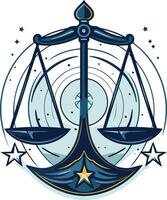 A stylized illustration of a libra scale set against a celestial backdrop vector