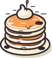 A cartoon illustration of a delicious stack of pancakes with whipped cream and a cherry on top vector