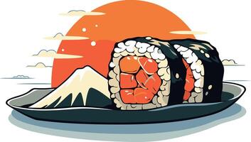 Sushi Rolls with Mount Fuji and Sunset vector