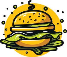 A cartoon illustration of a delicious burger with vibrant colors and a fun, playful style vector