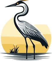 A stylized illustration of a heron standing in a lake at sunset, perfect for logo designs, branding, or nature-themed projects vector