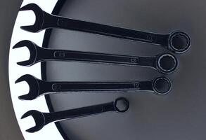 Four Hex Wrenches Illuminated By Circle Lamp. Repairing Concept Stock Photo