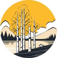 A minimalist, artistic depiction of a tranquil lake scene with birch trees and mountains, perfect for nature-themed designs vector