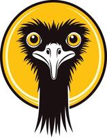 A cartoon ostrich head with large eyes and a comical expression, set against a yellow circular background vector