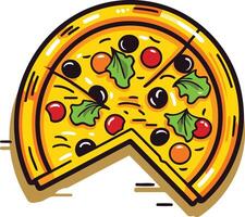 A cartoon style pizza with a slice missing, perfect for menus, advertisements, or social media posts vector