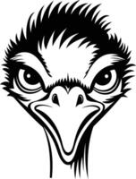 A bold black and white illustration of an ostrich's face, perfect for creating a powerful and striking logo or mascot design vector