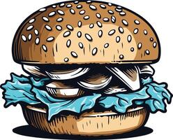 A delicious, hand-drawn burger with lettuce, onion, and sesame seed bun vector