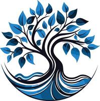 A stylized tree of life with blue leaves and flowing roots, symbolizing growth, connection, and the circle of life vector