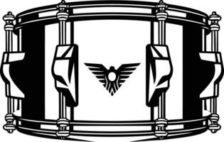 Black and white illustration of a snare drum with a winged logo vector