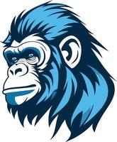A bold and stylized illustration of a gorilla's head in blue tones vector