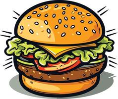 A juicy, cartoon-style hamburger with cheese, lettuce, and tomato vector