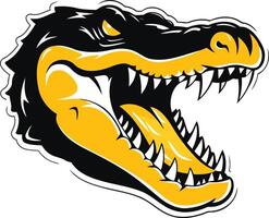 A fierce alligator head logo with a menacing open mouth, sharp teeth, and a bold yellow and black color scheme vector