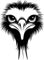 Intense black and white illustration of an ostrich's head, perfect for tattoo designs, branding, or any project requiring a powerful and striking visual vector