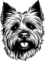 A black and white line art illustration of a yorkshire terrier, looking directly at the camera with a happy expression vector