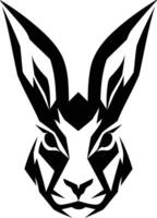 A bold and striking black and white illustration of a rabbit's head, featuring sharp, angular lines and a powerful, focused gaze vector