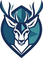 Modern, minimalist logo featuring a stylized deer head within a geometric shield vector