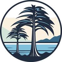 A stylized logo featuring two pine trees, with a mountain range and ocean in the background vector